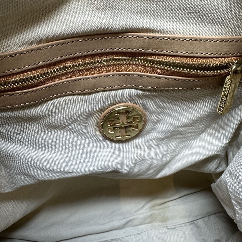 👜💕 Tory Burch Large Tote Off-White Canvas Vibrant Pink Lorenzo Bird Motif Bag - Picture 8 of 8